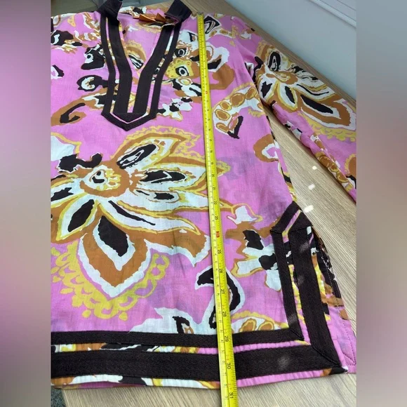 Tory Burch Pink Floral Tunic Top Size 8 Boho Beach Resort 100% Cotton Brown Trim - Picture 8 of 10